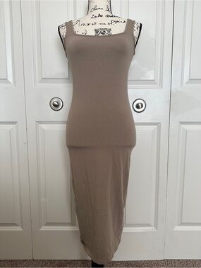 H&M Taupe Knit Bodycon Tank Dress Square Neck Strappy Stretch Midi S